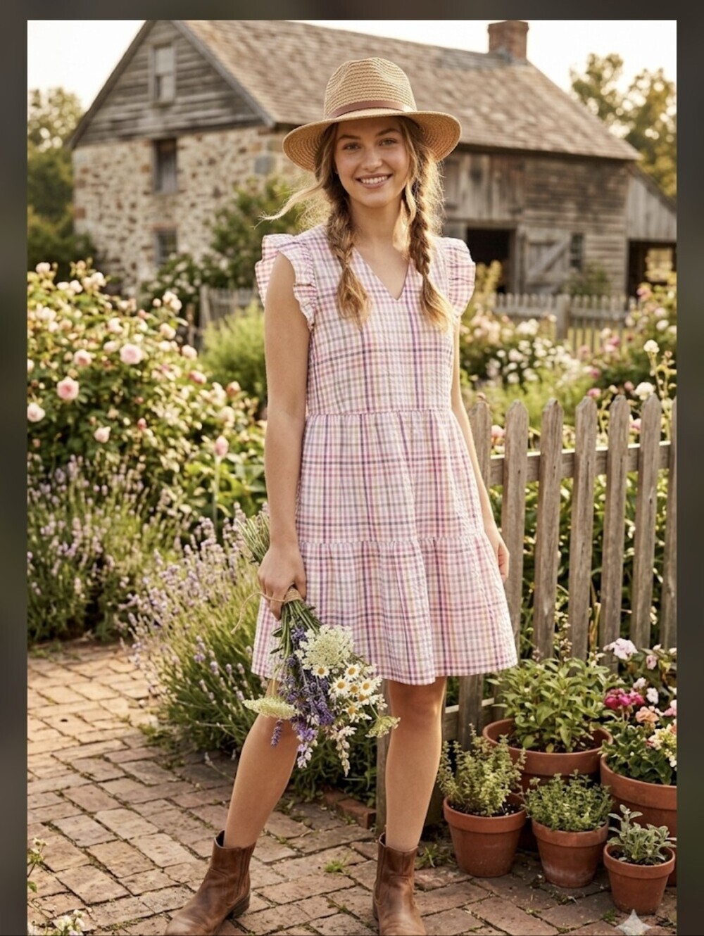 Pastel Plaid Tiered Seersucker Mini Dress Cotton Blend Flutter Sleeve Plaid